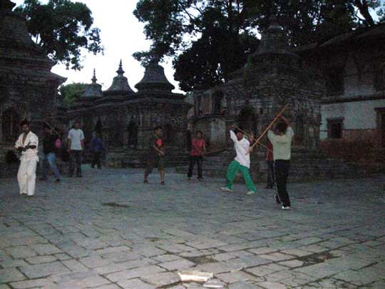 In front of the temple is great place for weapons practice.