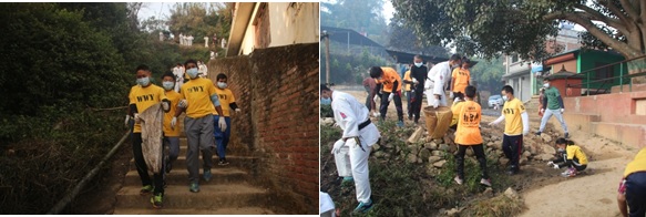 WWY Youth Program Members and Nepal Ranger Instructor volunteers cleaning up a school area in Kathmandu.